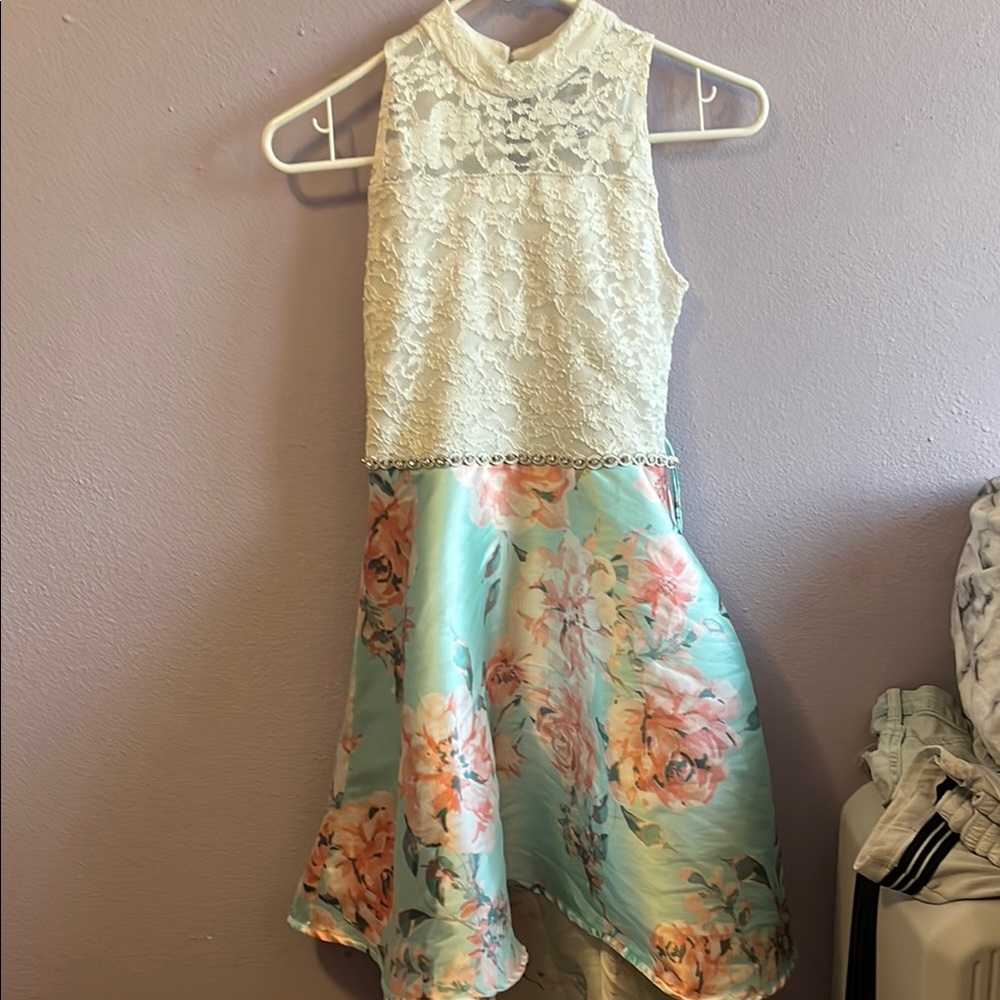 Speechless Cream and Blue Floral Kids Formal Dress
